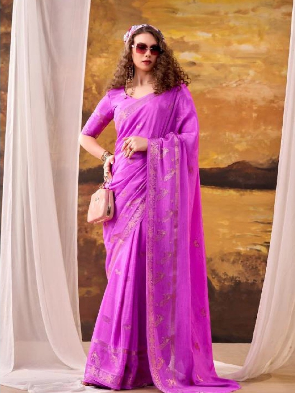 Vibrant Magenta Pure Crape Saree with Gold Accents